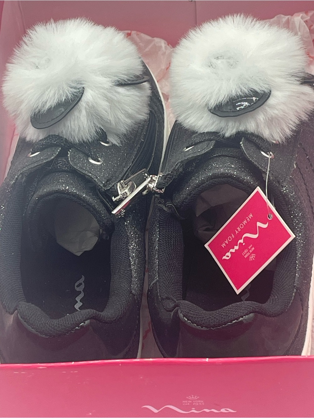 Nina Black Glitter Kids Sneakers with White Faux-Fur Pom Poms